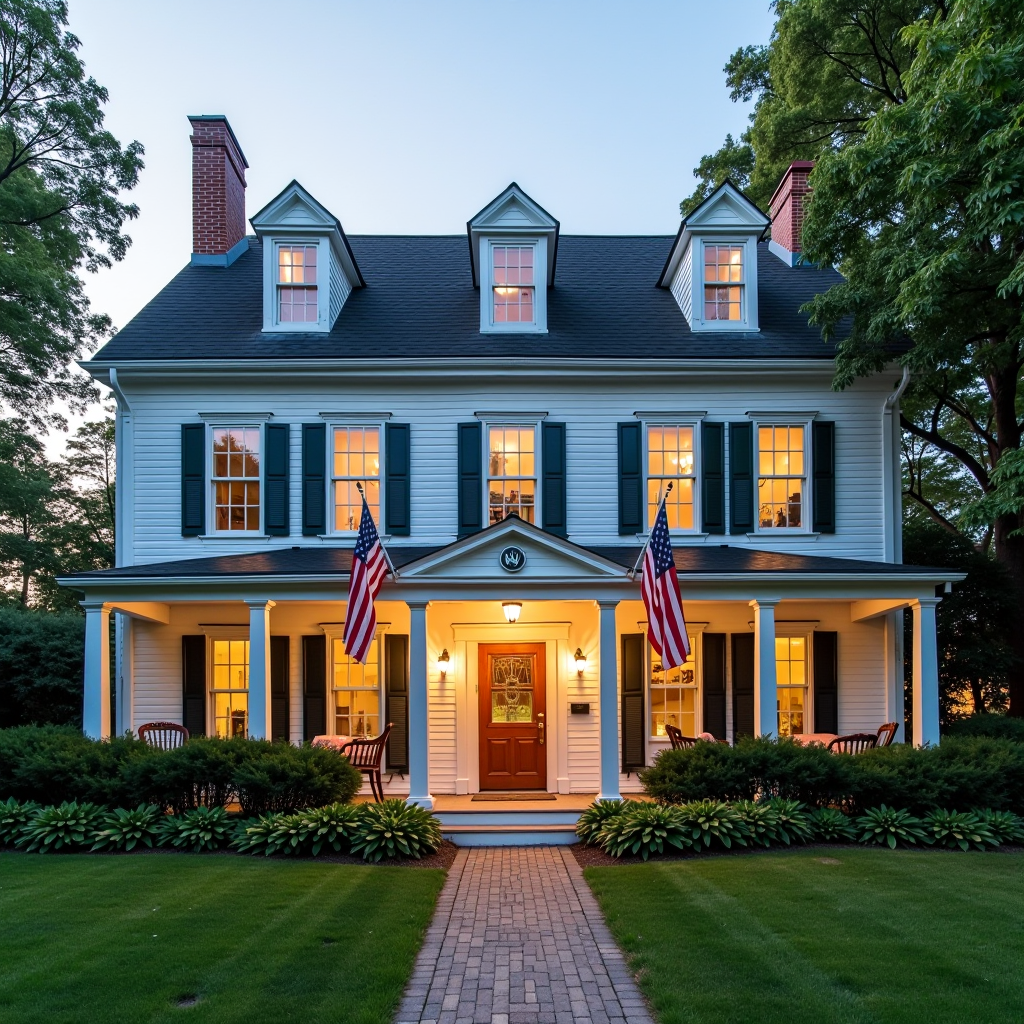 Historic exterior view of the Columbian Club building in Mastic, NY, showing classic architecture with American flag and welcoming entrance