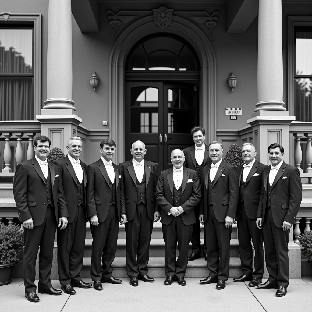 Black and white historical photograph from the Columbian Club archives showing founding members in formal attire standing in front of the original club building, circa early 1900s, with ornate architectural details visible