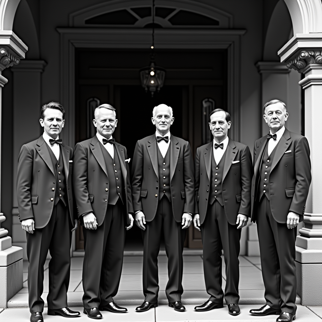 Black and white historical photograph from the Columbian Club archives showing founding members in formal attire standing in front of the original club building, circa early 1900s, with ornate architectural details visible in the background