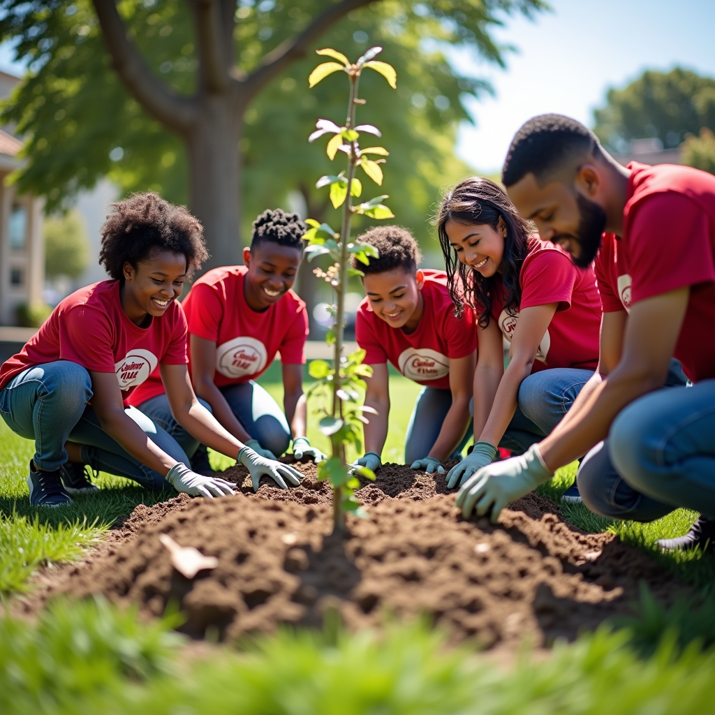 Group of diverse Columbian Club volunteers wearing matching t-shirts working together at an outdoor community service project, planting trees and flowers in a neighborhood park, with smiles on their faces showing camaraderie and dedication to community improvement, bright sunny day with community members of all ages participating