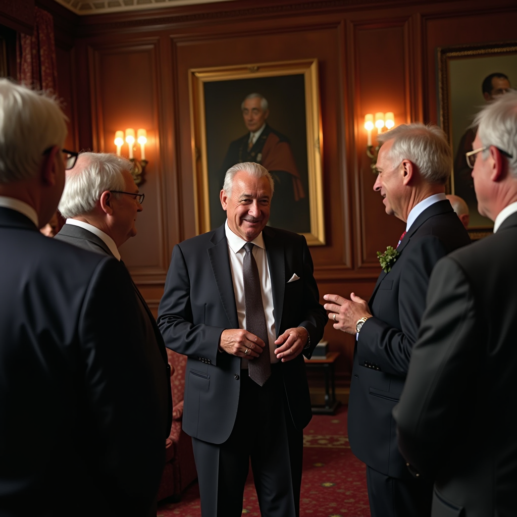 Members of the Columbian Club gathered together at a recent social event, showing a diverse group of men of various ages engaged in friendly conversation and fellowship in an elegant room with classic wood paneling and warm lighting, capturing the spirit of camaraderie and community that defines fraternal society membership