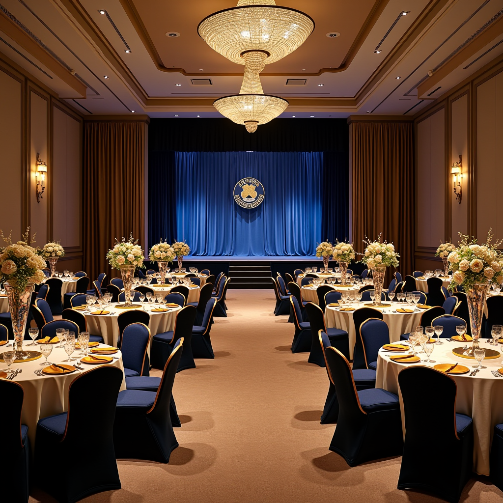 Elegant ballroom setting for the Columbian Club Spring Gala 2026, featuring round tables with gold and navy blue decorations, crystal centerpieces, and a stage with the club's emblem. Formal evening event atmosphere with chandeliers and draped fabric in club colors.