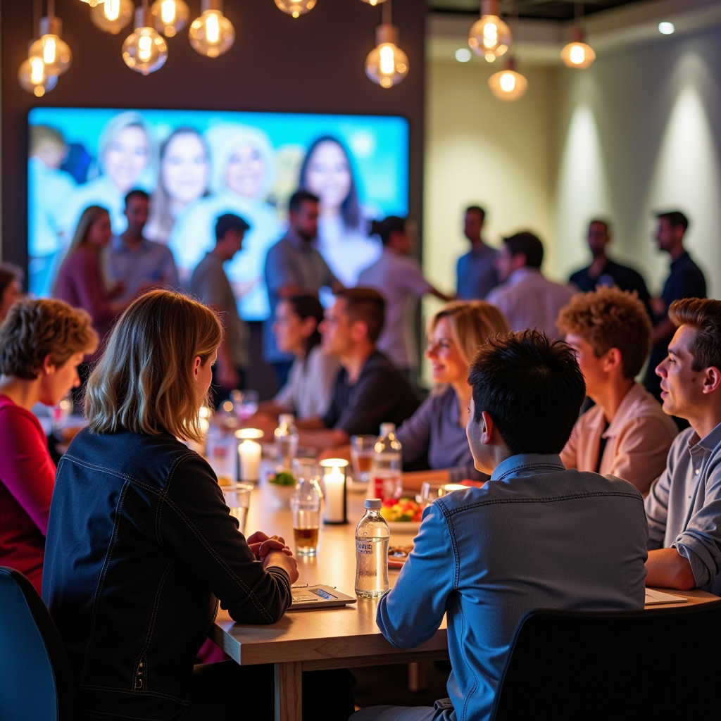 Vibrant color photograph of a recent Columbian Club community event showing diverse group of members and community participants engaged in activities, with modern club facilities and digital displays visible in background