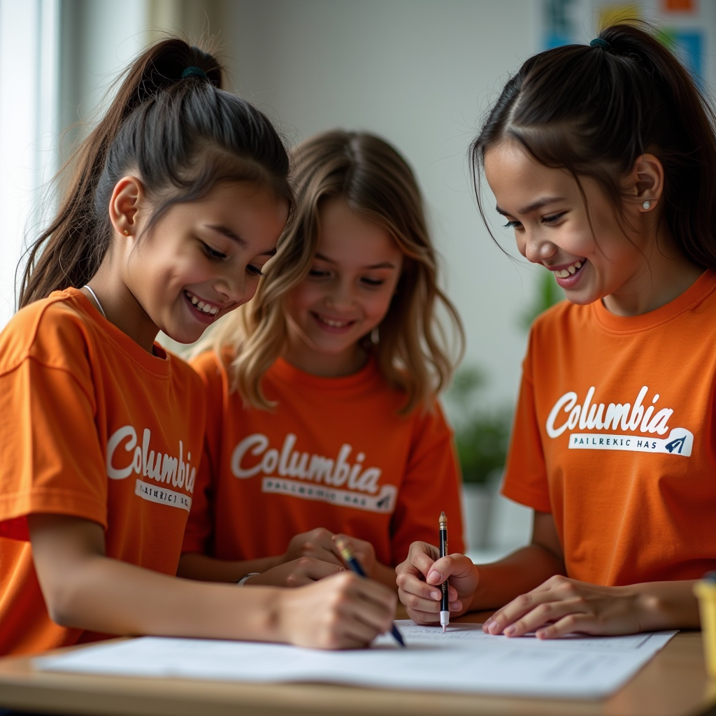 Heartwarming photograph of Columbian Club volunteers wearing branded t-shirts working together at a community service project, helping local youth, with smiling faces and collaborative teamwork visible