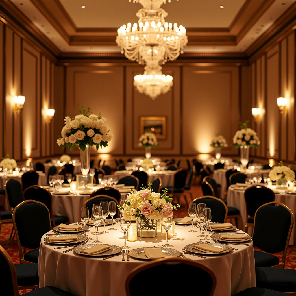 Elegant promotional image for the Columbian Club spring fundraising gala, showing beautifully decorated ballroom with golden lighting, formal table settings with floral centerpieces, and sophisticated event atmosphere conveying prestige and community celebration
